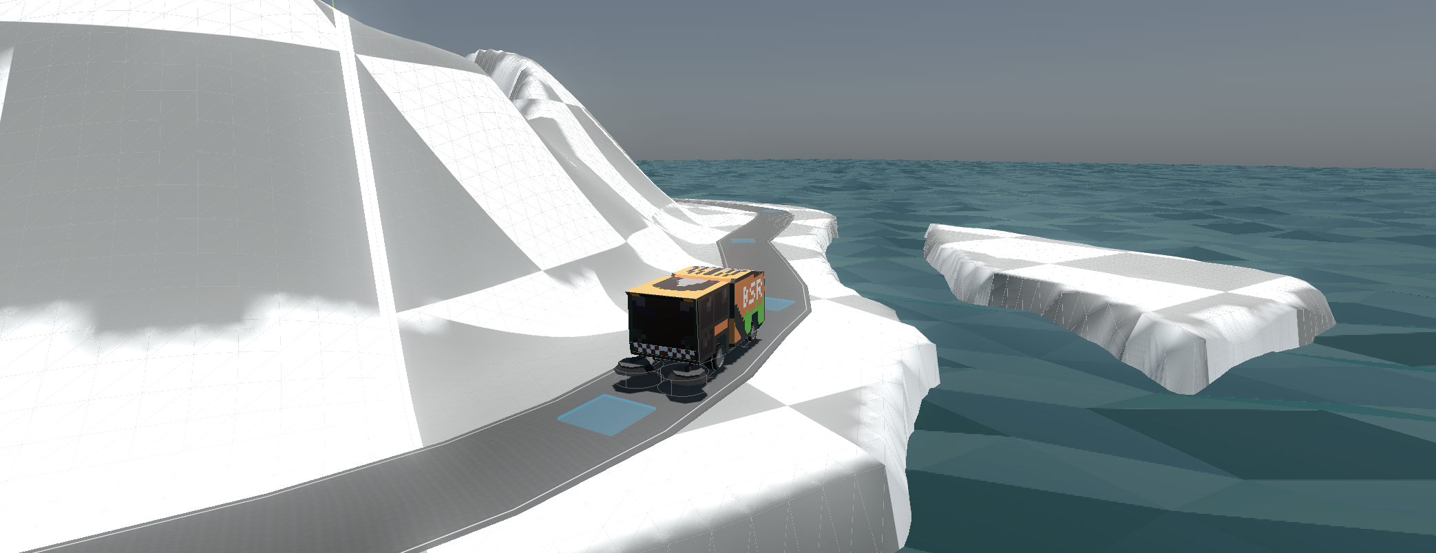 A colorful, low-poly island with a street sweeper vehicle.